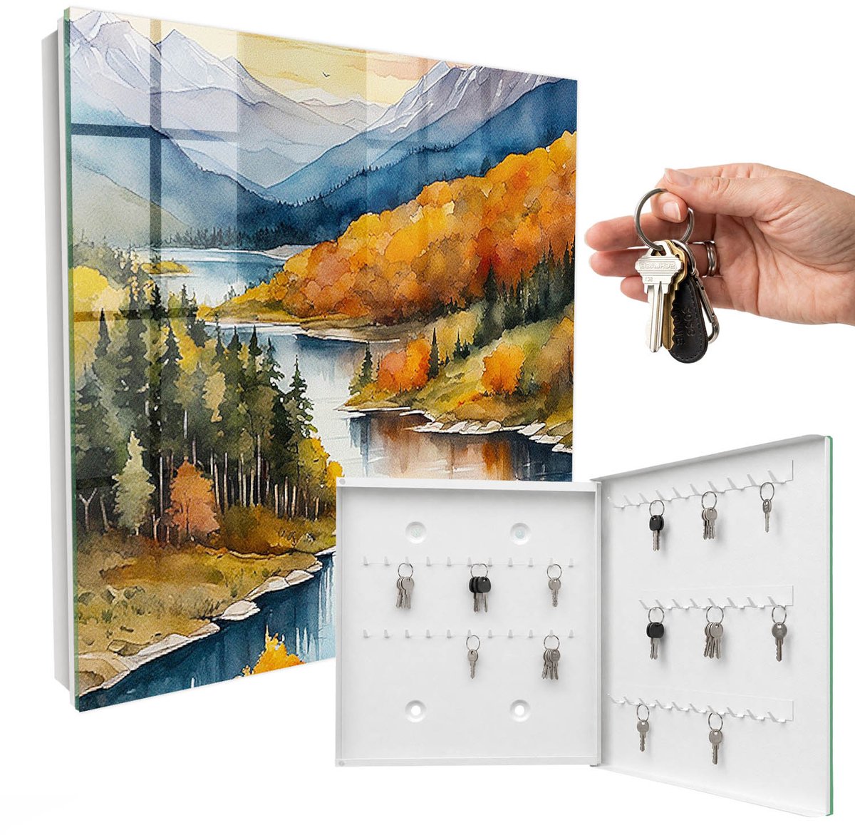 WallMuralia - Sleutelkast - 30x30x5 cm - met 50 haken - Bergherfst Sleutelkastje Voor Binnen - Oranje Sleutelbox - Rechtsopenend - Wit interieur