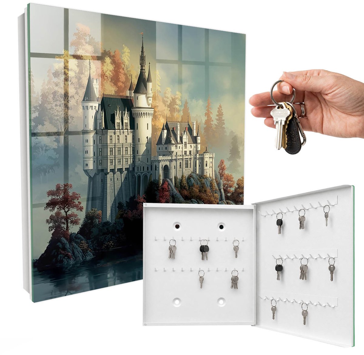 WallMuralia - Sleutelkast - 30x30x5 cm - met 50 haken - Kasteel In De Herfst Sleutelkastje Klein - Grijs Sleutelbox - Rechtsopenend - Wit interieur