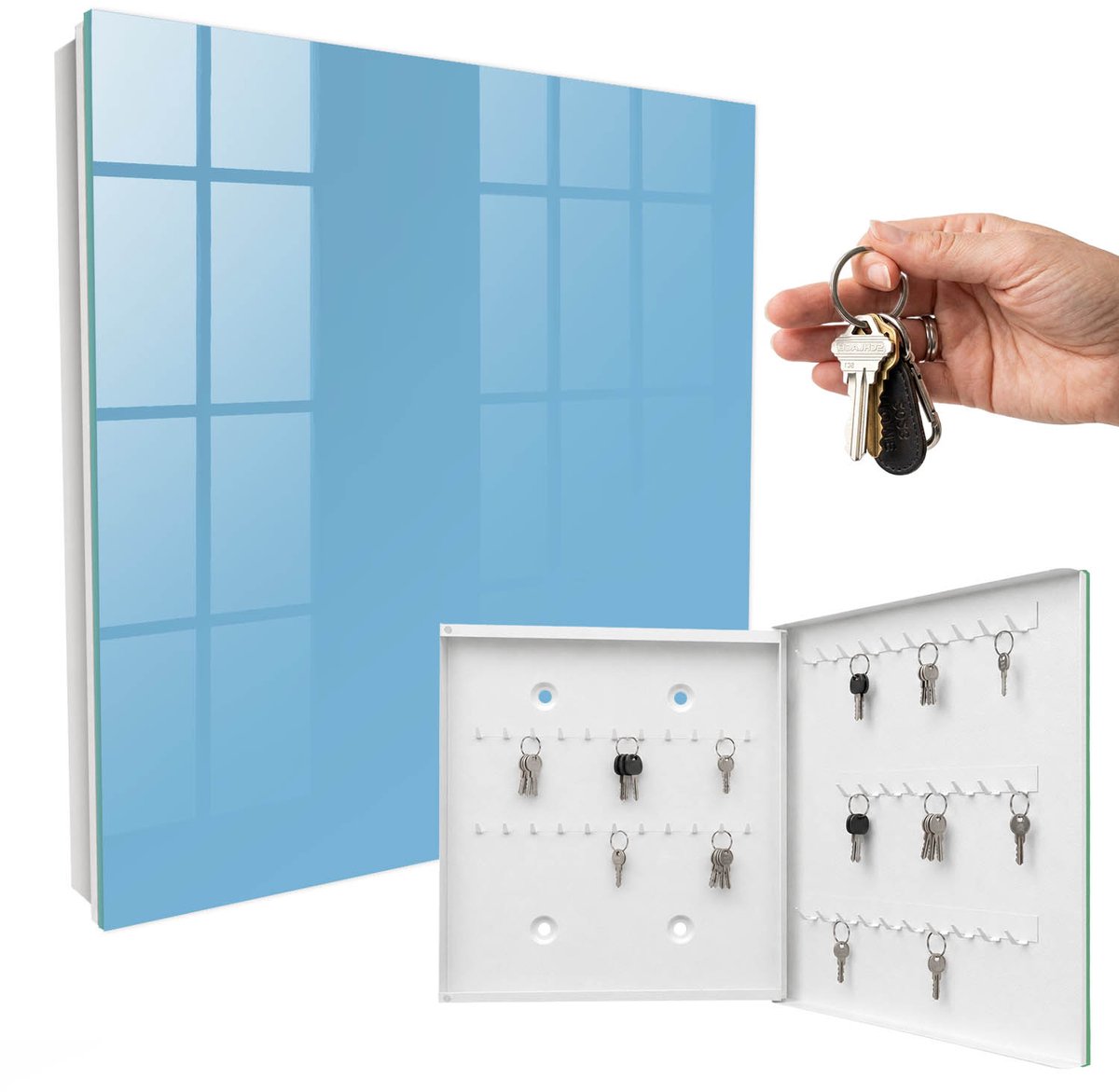 WallMuralia - Sleutelkast - 30x30x5 cm - met 50 haken - Blauwe Kleur Sleutelkastje Voor Binnen - Blauw Sleutelbox - Rechtsopenend - Wit interieur