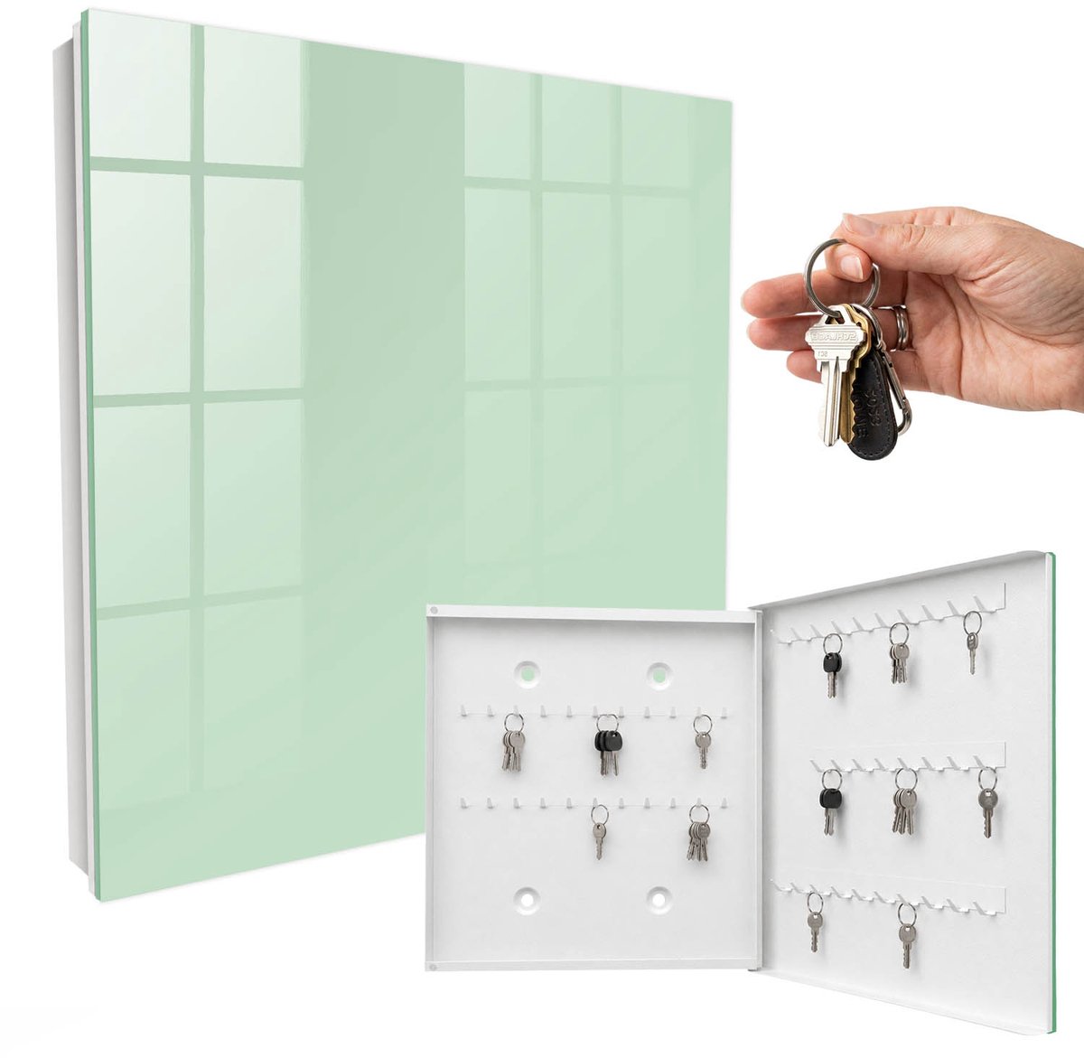 WallMuralia - Sleutelkast - 30x30x5 cm - met 50 haken - Mintgroen Design Sleutelkastje - Groente Sleutelbox - Rechtsopenend - Wit interieur