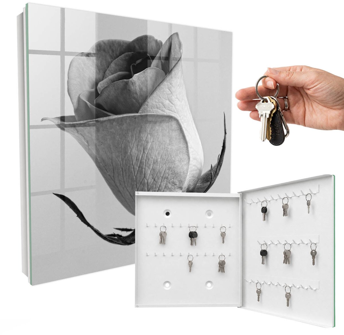 WallMuralia - Sleutelkast - 30x30x5 cm - met 50 haken - Roze Elegantie Sleutelkastje Muur - Grijs Sleutelbox - Rechtsopenend - Wit interieur