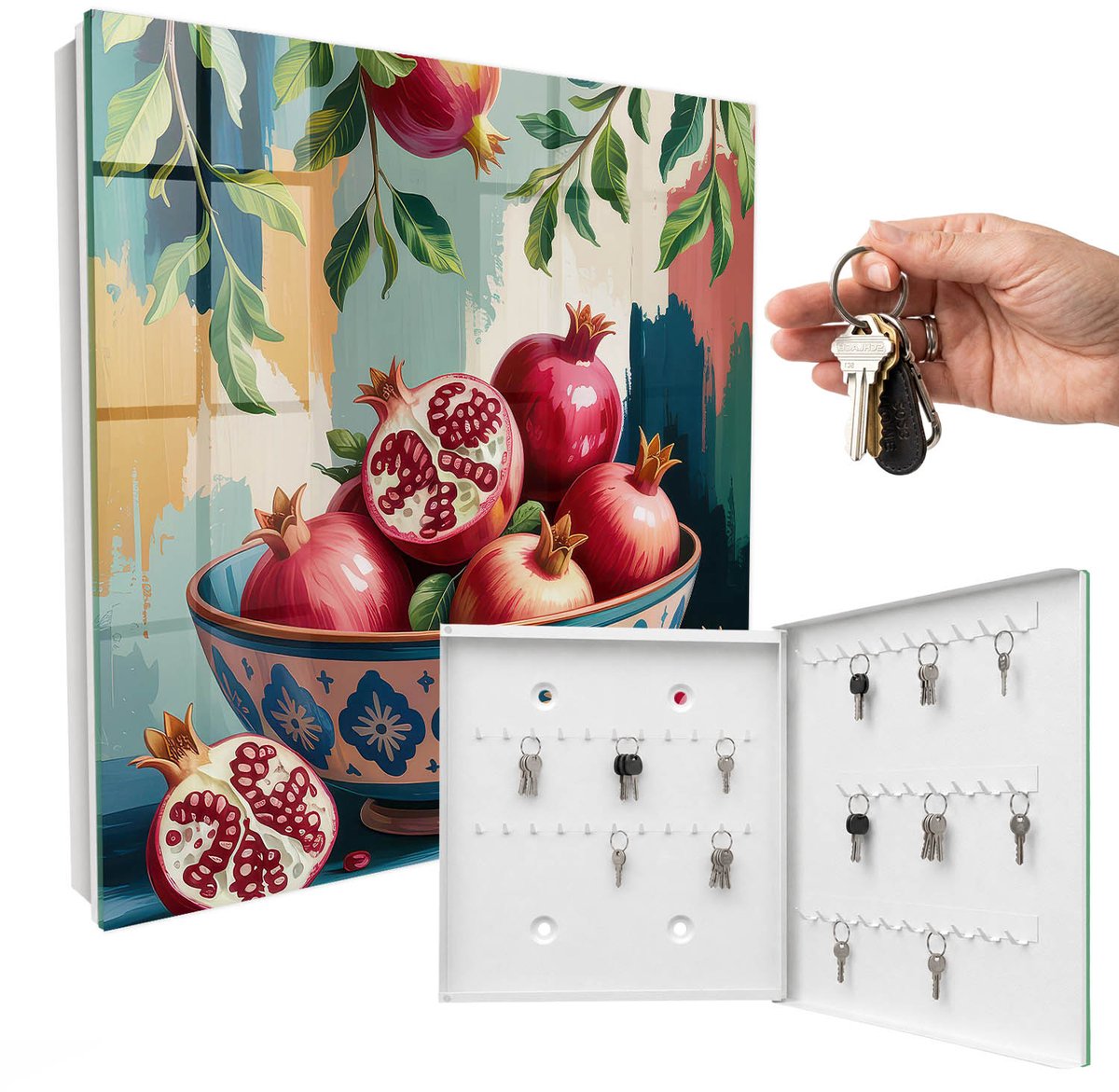 WallMuralia - Sleutelkast - 30x30x5 cm - met 50 haken - Fruitmotief Sleutelkastje Klein - Rood Sleutelbox - Rechtsopenend - Wit interieur