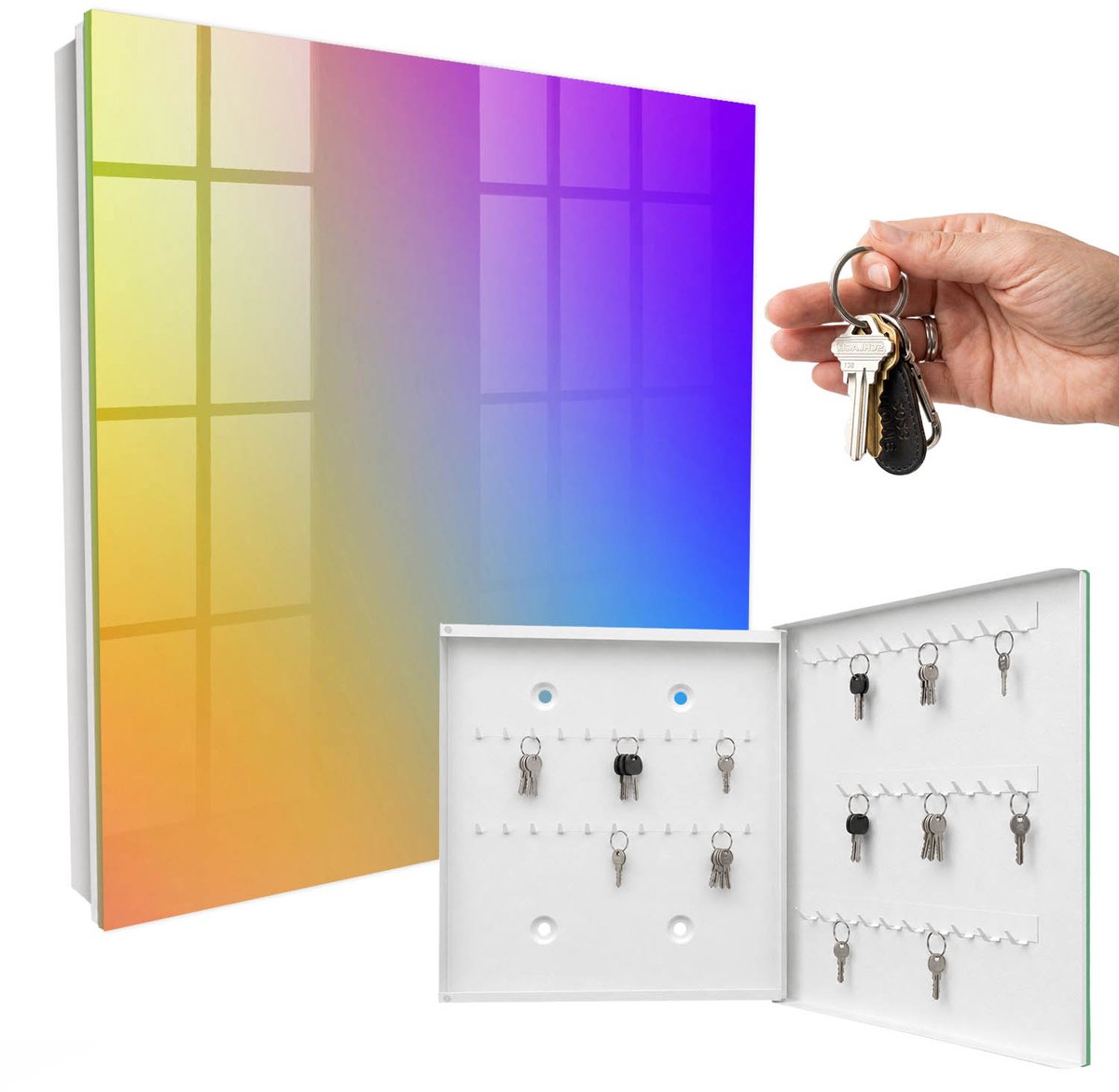 WallMuralia - Sleutelkast - 30x30x5 cm - met 50 haken - Kleurrijk Verloop Leuk Sleutelkastje - Geel Sleutelbox - Rechtsopenend - Wit interieur
