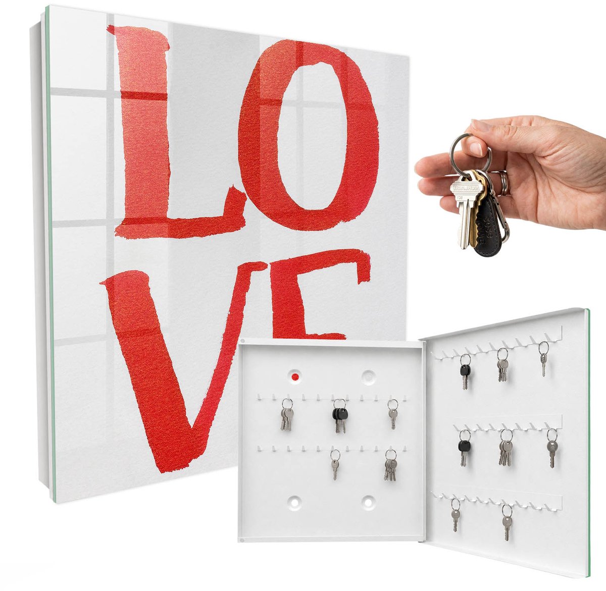 WallMuralia - Sleutelkast - 30x30x5 cm - met 50 haken - Rode Liefde Sleutelkastje Huis - Rood Sleutelbox - Rechtsopenend - Wit interieur