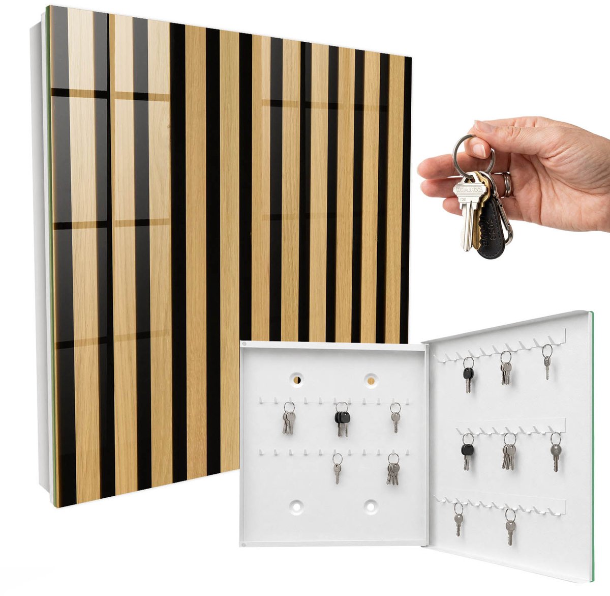 WallMuralia - Sleutelkast - 30x30x5 cm - met 50 haken - Houten Constructie Sleutelkastje Muur - Bruin Sleutelbox - Rechtsopenend - Wit interieur