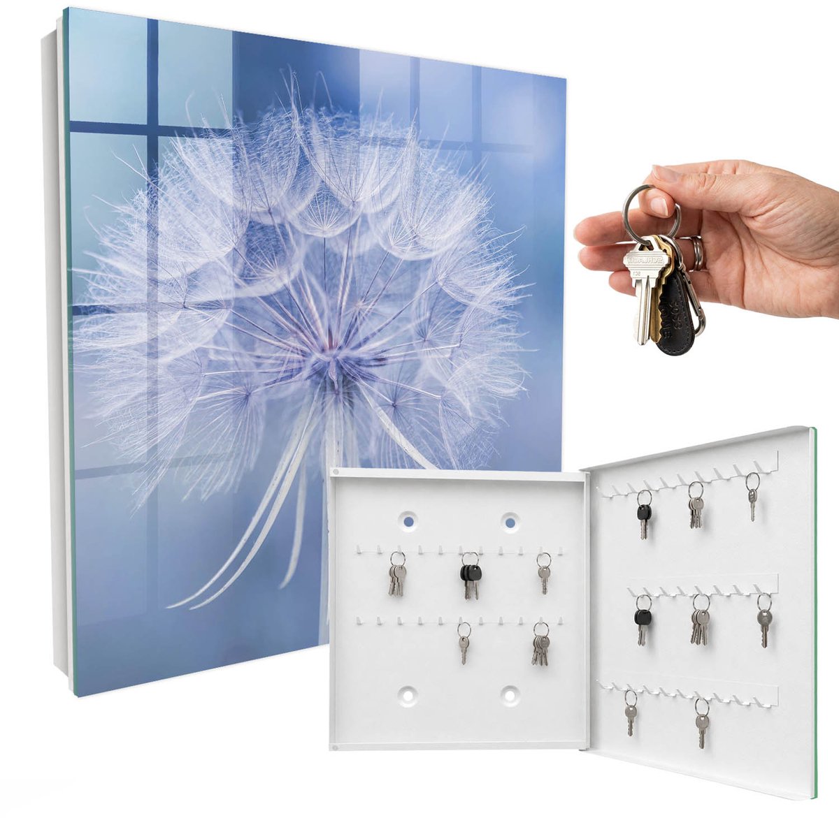 WallMuralia - Sleutelkast - 30x30x5 cm - met 50 haken - Subtiele Paardenbloem Sleutelkastje Klein - Blauw Sleutelbox - Rechtsopenend - Wit interieur