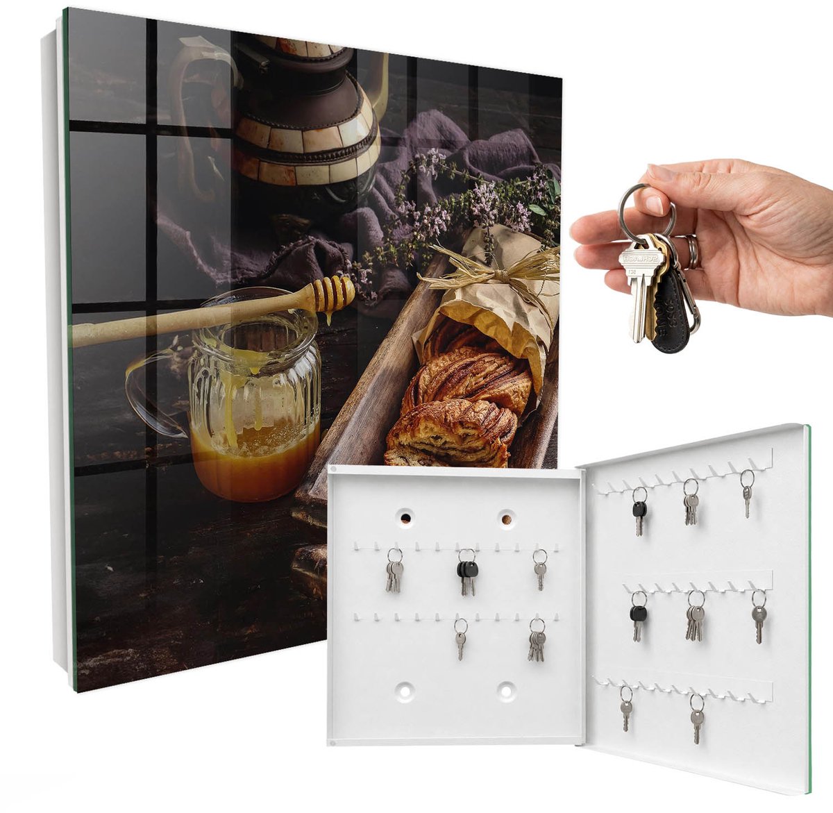 WallMuralia - Sleutelkast - 30x30x5 cm - met 50 haken - Huiselijke Warmte Sleutelkastje Binnen - Bruin Sleutelbox - Rechtsopenend - Wit interieur