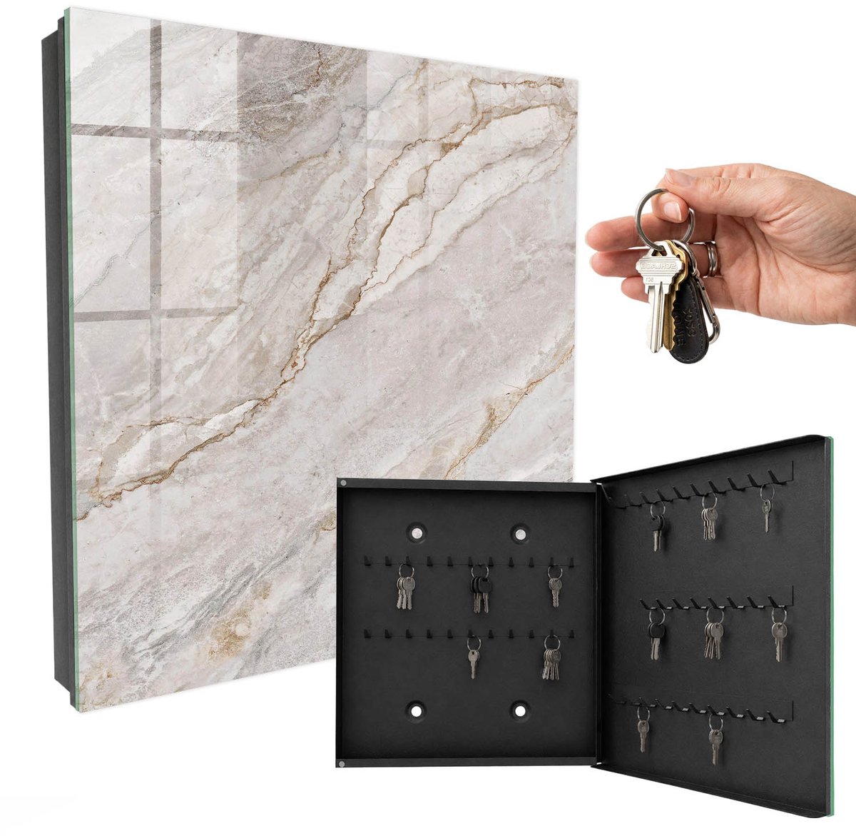 WallMuralia - Sleutelkast - 30x30x5 cm - met 50 haken - Grijs Marmer Sleutelkastje Modern - Grijs Sleutelbox - Rechtsopenend - Zwart interieur