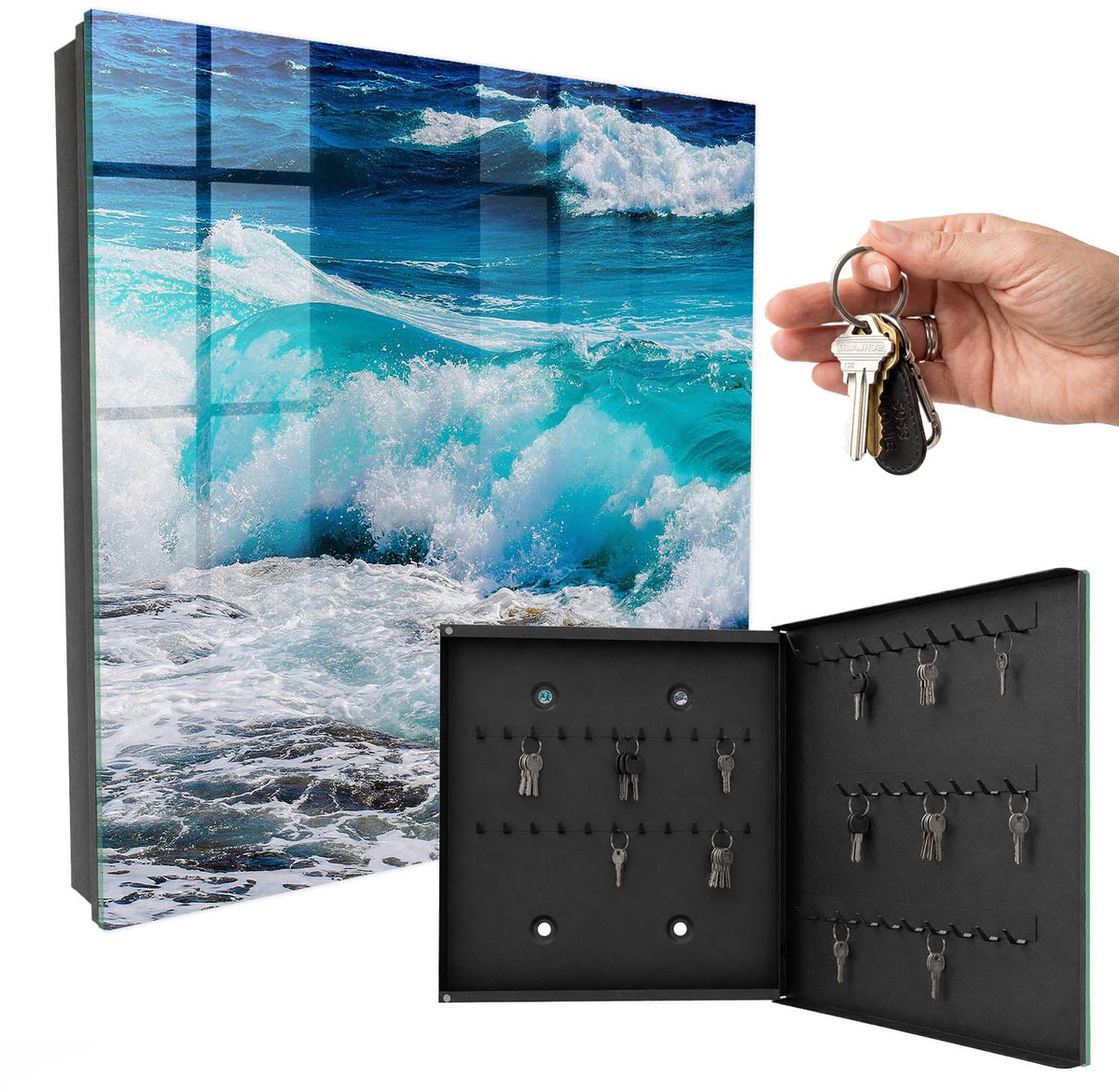 WallMuralia - Sleutelkast - 30x30x5 cm - met 50 haken - De Kracht Van Golven Sleutelkastje Hal - Turkoois Sleutelbox - Rechtsopenend - Zwart interieur
