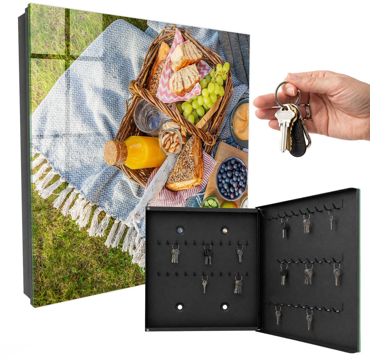 WallMuralia - Sleutelkast - 30x30x5 cm - met 50 haken - Een Idyllische Picknick Sleutelkastje Klein - Groente Sleutelbox - Rechtsopenend - Zwart interieur