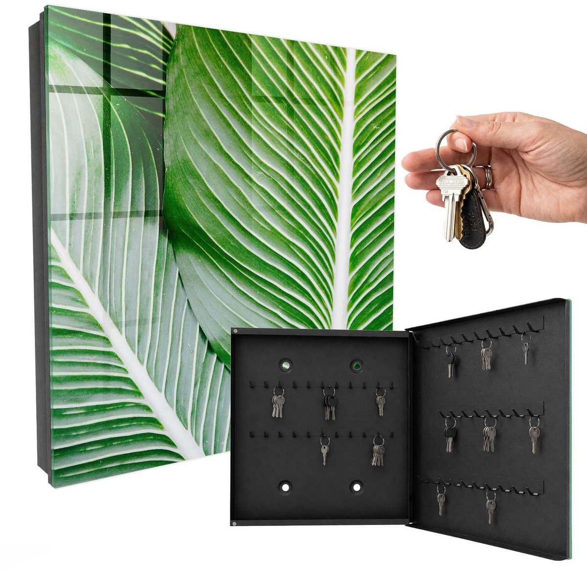 WallMuralia - Sleutelkast - 30x30x5 cm - met 50 haken - Het Groen Van De Natuur Design Sleutelkastje - Groente Sleutelbox - Rechtsopenend - Zwart interieur