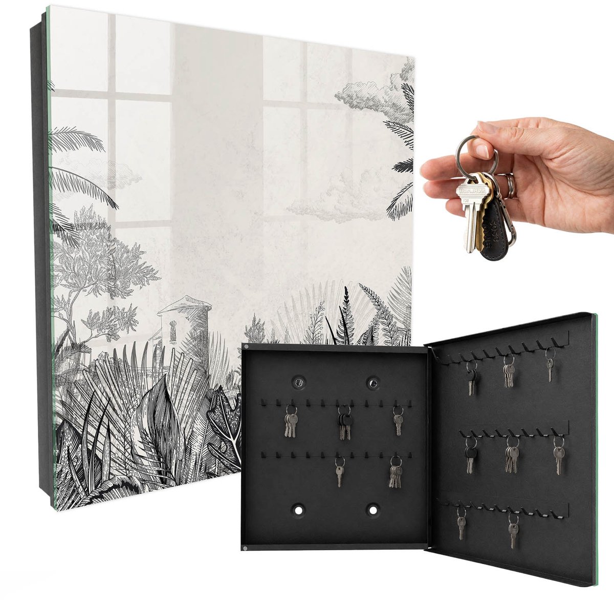 WallMuralia - Sleutelkast - 30x30x5 cm - met 50 haken - Tropisch Landschap Sleutelkastje Industrieel - Grijs Sleutelbox - Rechtsopenend - Zwart interieur