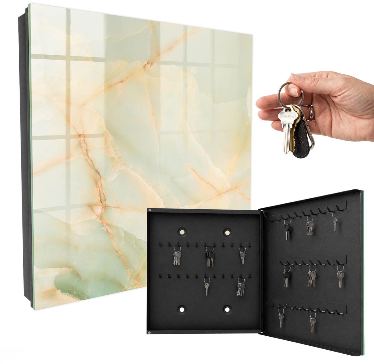WallMuralia - Sleutelkast - 30x30x5 cm - met 50 haken - Pastel Patroon Sleutelkastje Landelijk - Beige Sleutelbox - Rechtsopenend - Zwart interieur