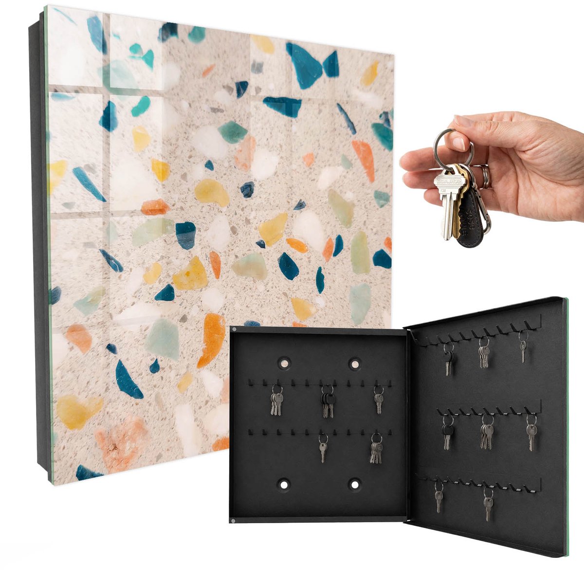 WallMuralia - Sleutelkast - 30x30x5 cm - met 50 haken - Creatieve Mozaïek Sleutelkastje Gang - Wit Sleutelbox - Rechtsopenend - Zwart interieur