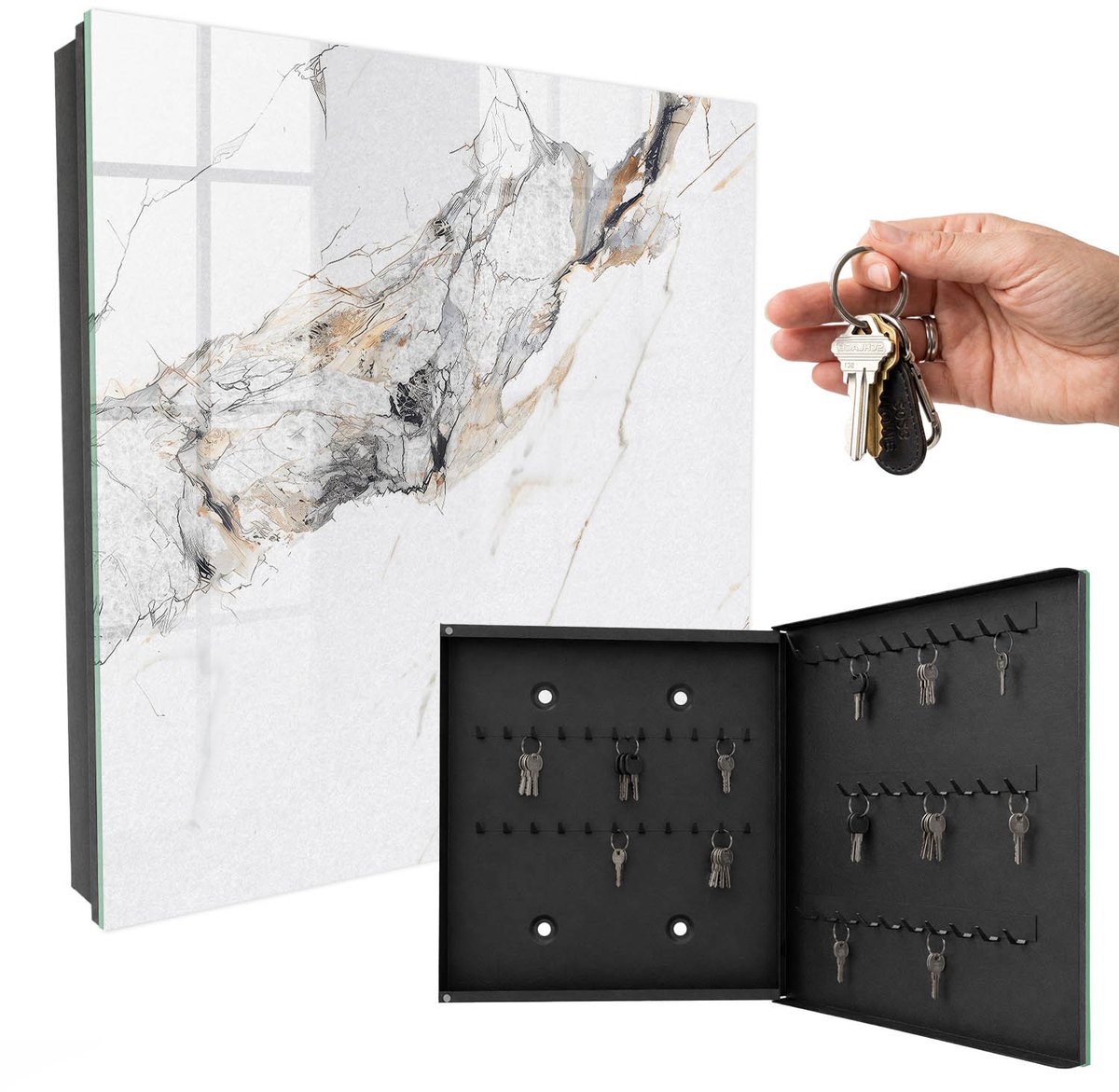 WallMuralia - Sleutelkast - 30x30x5 cm - met 50 haken - Marmeren Elegantie Sleutelkastje Gang - Wit Sleutelbox - Rechtsopenend - Zwart interieur