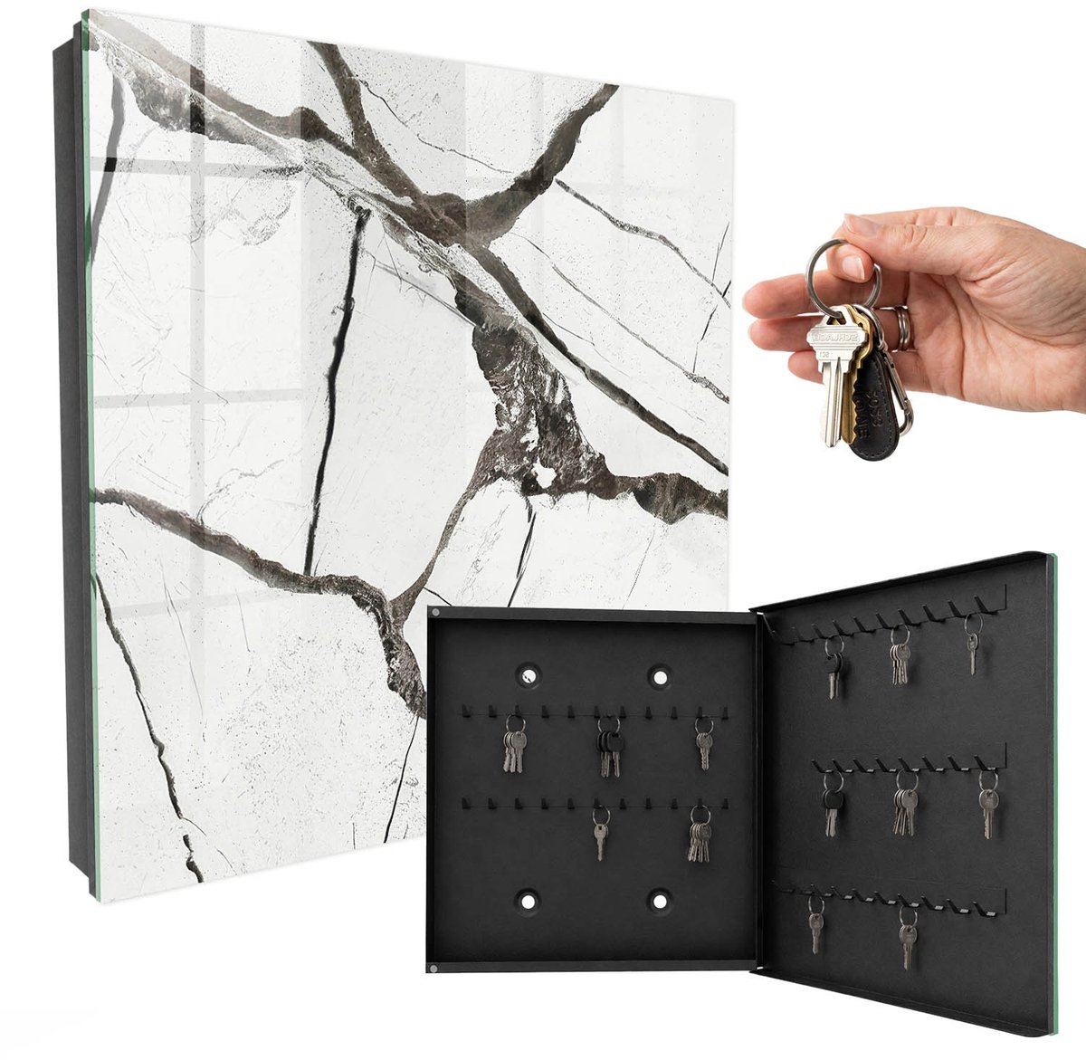 WallMuralia - Sleutelkast - 30x30x5 cm - met 50 haken - Stijlvol Minimalisme Sleutelkastje Hal - Wit Sleutelbox - Rechtsopenend - Zwart interieur
