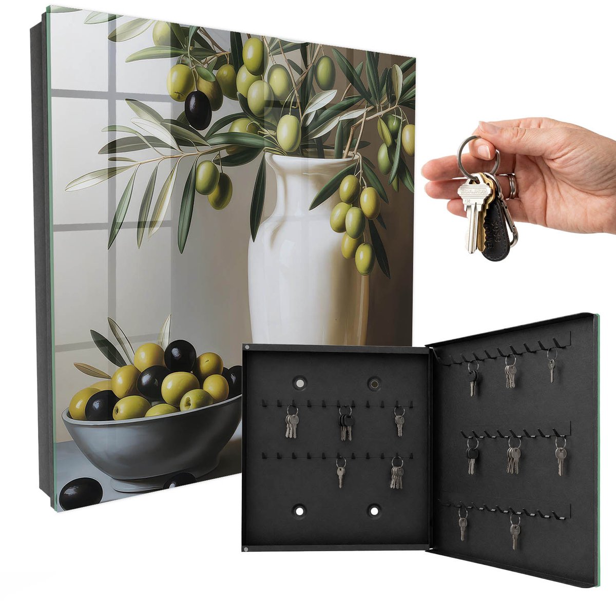 WallMuralia - Sleutelkast - 30x30x5 cm - met 50 haken - Olijf Natuur Sleutelkastje Klein - Groente Sleutelbox - Rechtsopenend - Zwart interieur