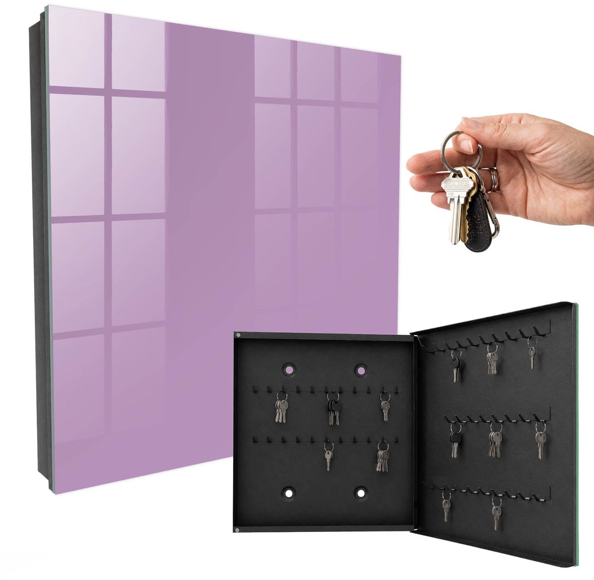 WallMuralia - Sleutelkast - 30x30x5 cm - met 50 haken - Lichtpaars Sleutelkastje Industrieel - Paars Sleutelbox - Rechtsopenend - Zwart interieur