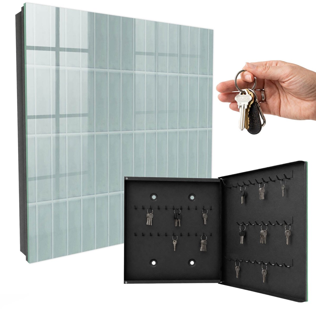 WallMuralia - Sleutelkast - 30x30x5 cm - met 50 haken - Delicaat Patroon Sleutelkastje Industrieel - Grijs Sleutelbox - Rechtsopenend - Zwart interieur