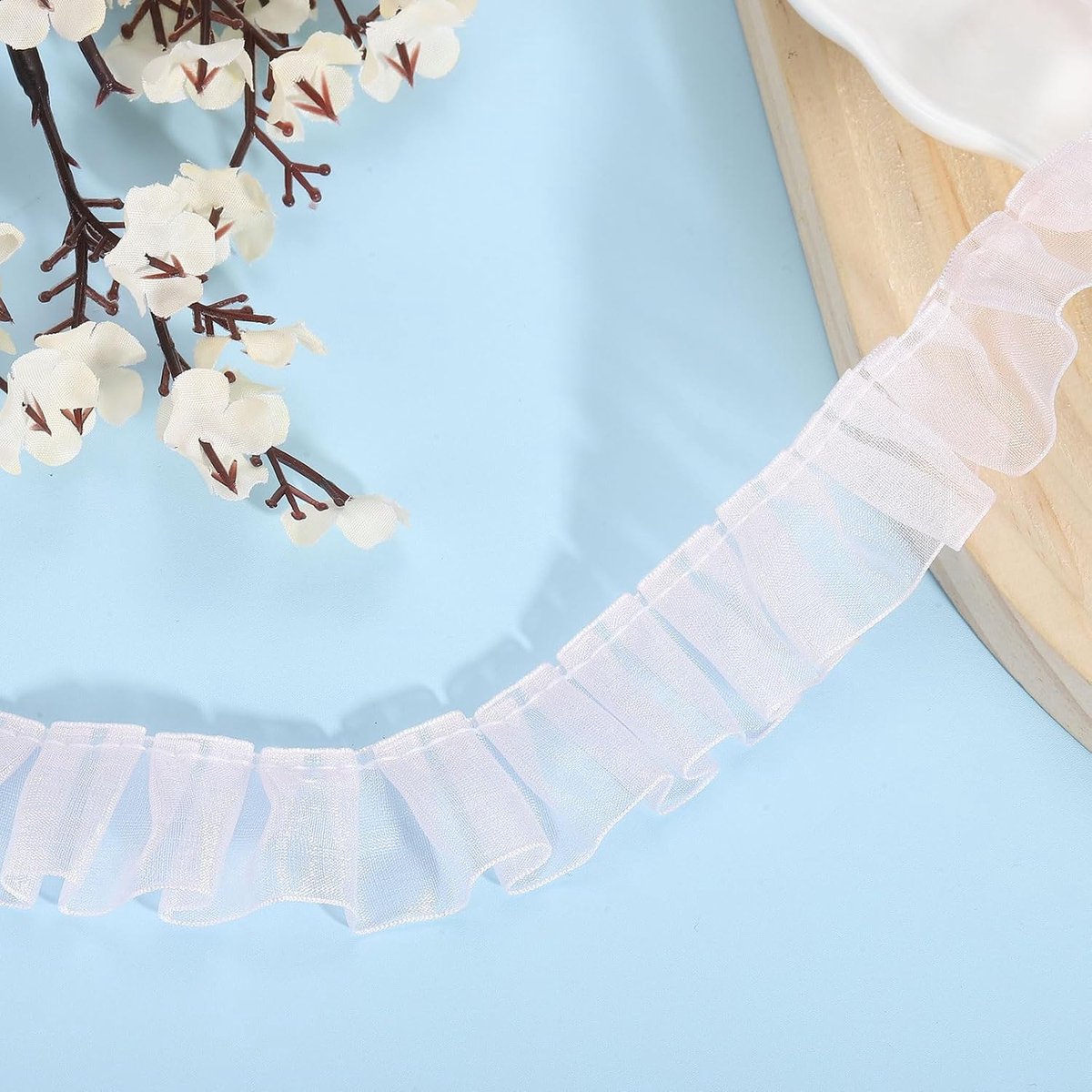 11 yards Kanten lint met ruches, 2,5 cm, geplooide organza-kantband