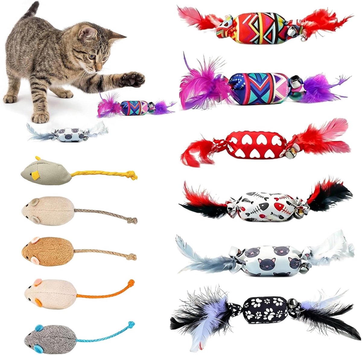 11-delig kattenspeelgoed in muisvorm, interactief kattenspeelgoed met