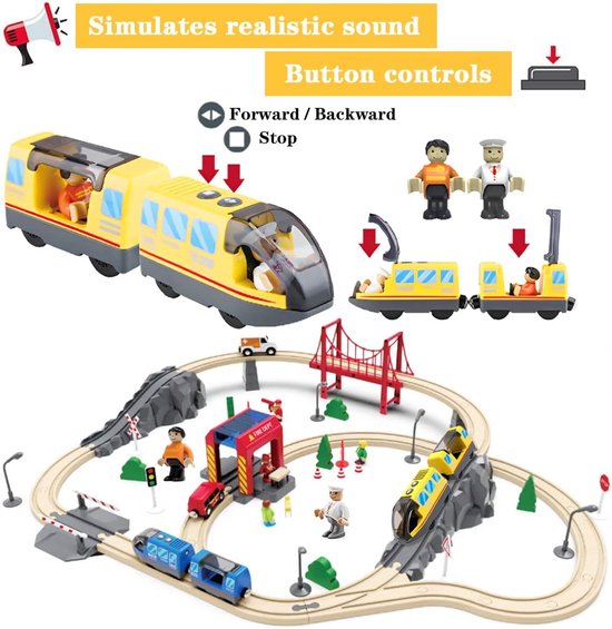elektrische locomotief houten spoor, batterij-aangedreven trein, krachtige motortrein compatibel met Thomas, Brio, speelgoed voor kinderen peuter jongen, geel — afbeelding 3