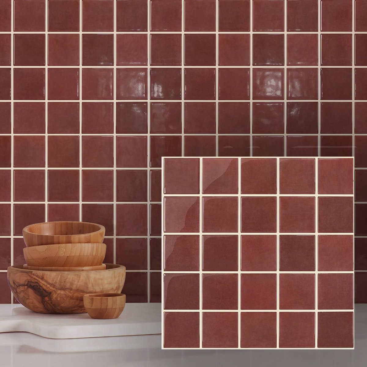 Tegelstickers, plaktegels, keuken, donkerrood, 10 stuks, 30,5 x 30,5