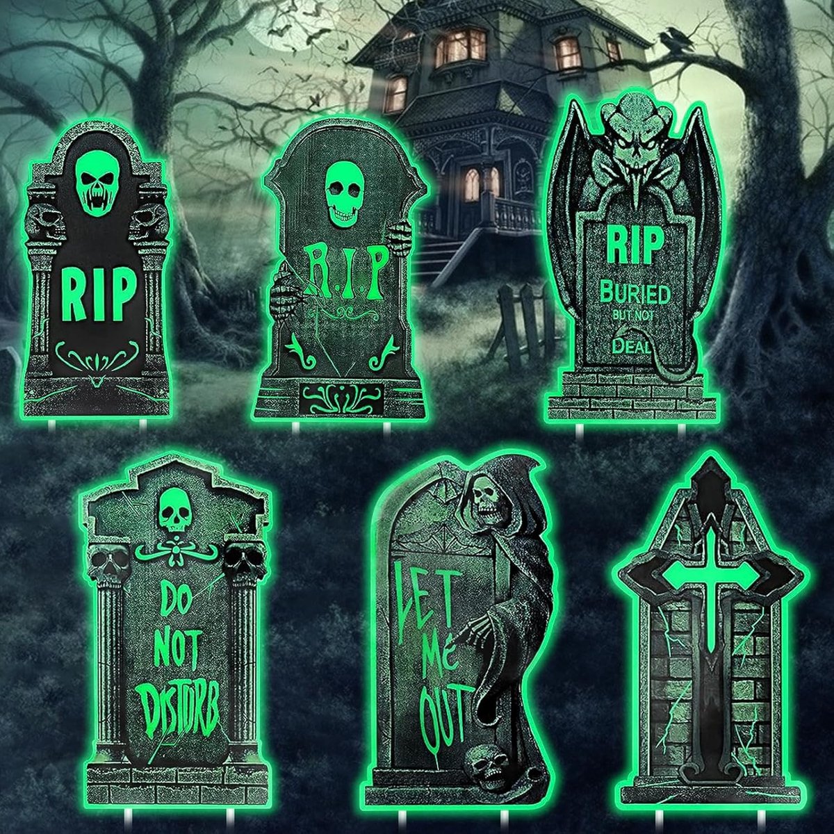 Halloween grafsteen oplichtend, 6 stuks Halloween decoratie outdoor grafsteen, Halloween schuim rip begraafplaats grafstenen, griezeldecoratie Halloween decoratie tuin, Halloween begraafplaats
