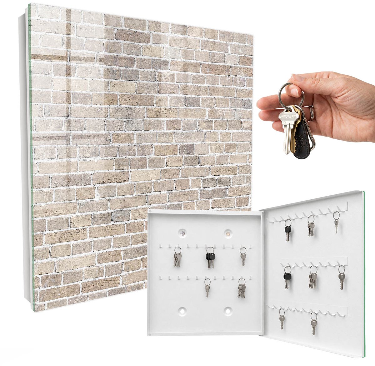 WallMuralia - Sleutelkast - 30x30x5 cm - met 50 haken - Baksteencompositie Sleutelkastje Design - Beige Sleutelbox - Rechtsopenend - Wit interieur