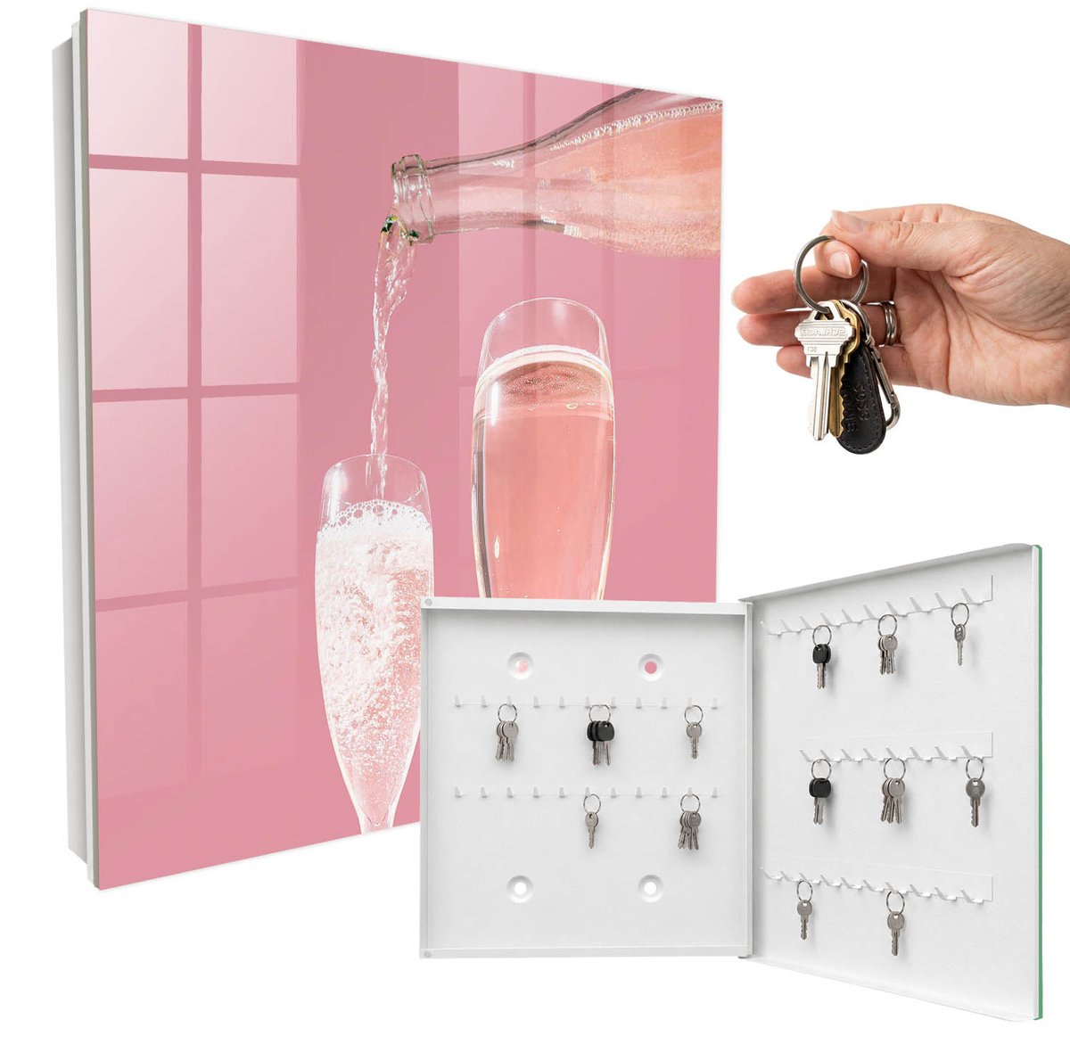 WallMuralia - Sleutelkast - 30x30x5 cm - met 50 haken - Champagneglazen Sleutelkastje Industrieel - Roze Sleutelbox - Rechtsopenend - Wit interieur