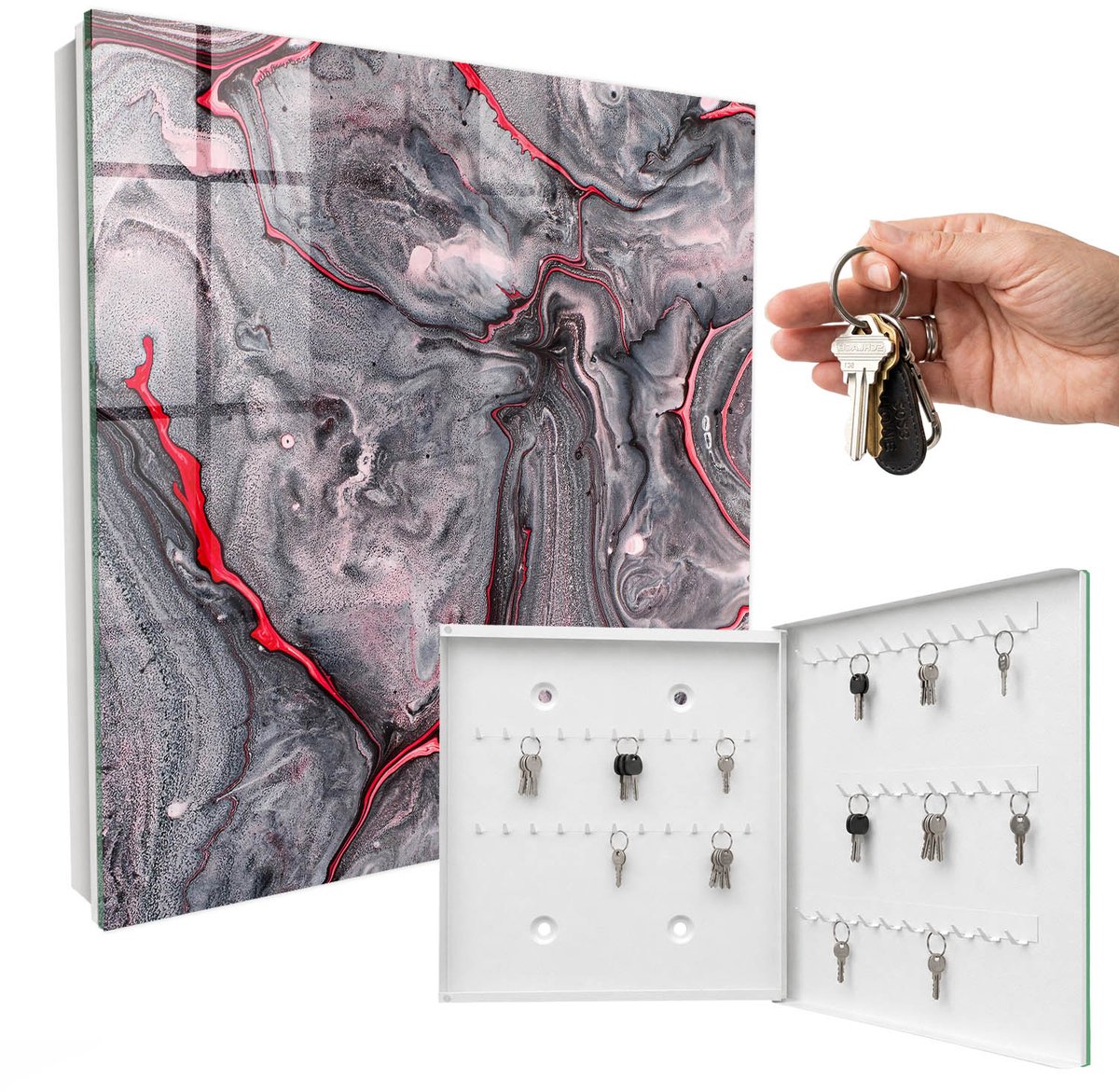 WallMuralia - Sleutelkast - 30x30x5 cm - met 50 haken - Expressieve Abstractie Groot Sleutelkastje - Grijs Sleutelbox - Rechtsopenend - Wit interieur