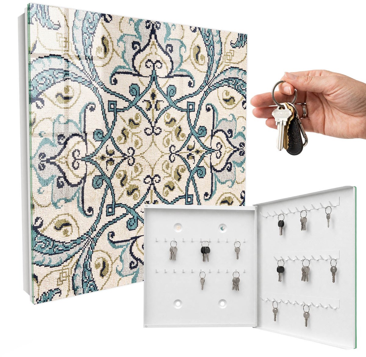 WallMuralia - Sleutelkast - 30x30x5 cm - met 50 haken - Turkooizen Ornament Sleutelkastje Klein - Beige Sleutelbox - Rechtsopenend - Wit interieur