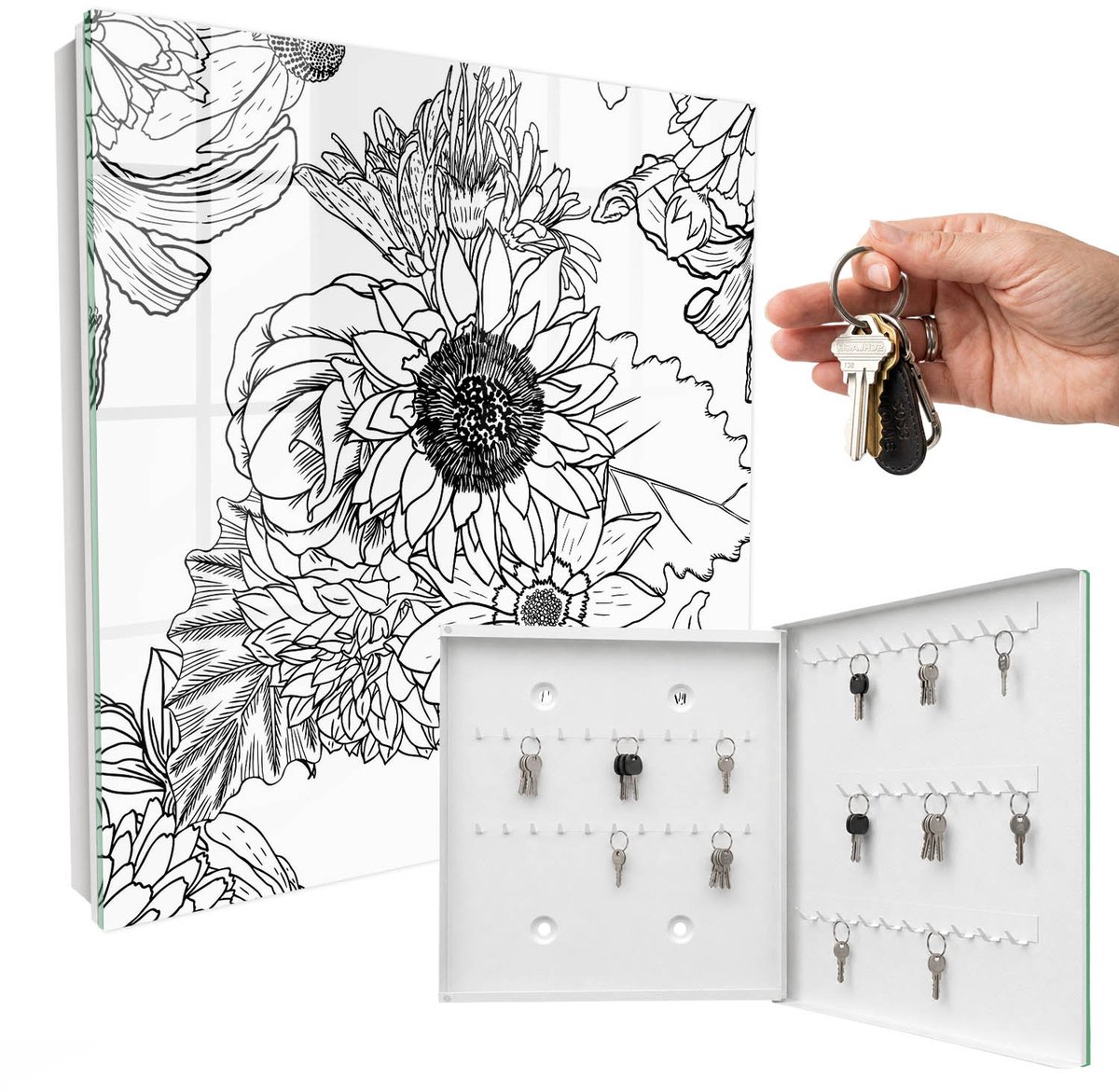 WallMuralia - Sleutelkast - 30x30x5 cm - met 50 haken - Zwart-Witte Bloemen Sleutelkastje Huis - Zwart-Wit Sleutelbox - Rechtsopenend - Wit interieur