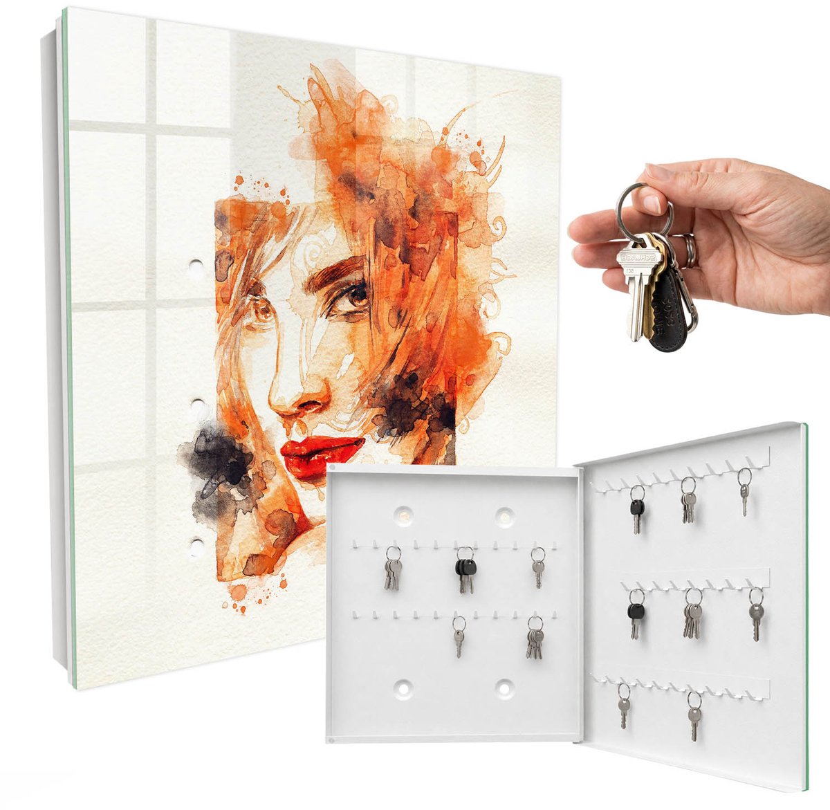 WallMuralia - Sleutelkast - 30x30x5 cm - met 50 haken - Vrouwelijke Aquarel Sleutelkastje Landelijk - Oranje Sleutelbox - Rechtsopenend - Wit interieur