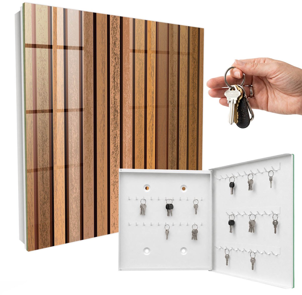 WallMuralia - Sleutelkast - 30x30x5 cm - met 50 haken - Warme Lijnen Groot Sleutelkastje - Bruin Sleutelbox - Rechtsopenend - Wit interieur