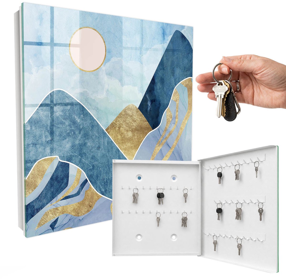 WallMuralia - Sleutelkast - 30x30x5 cm - met 50 haken - Berglandschap Sleutelkastje Design - Blauw Sleutelbox - Rechtsopenend - Wit interieur