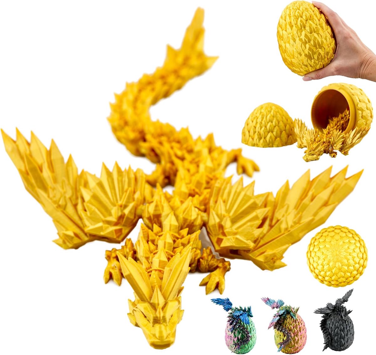 3D Draak in Ei – 20 cm Decoratief Verzamelbeeld met 10 cm Ei, Gouden Draak met Beweegbaar Element, Fantasydecoratie voor Fans & Verzamelaars (14+)