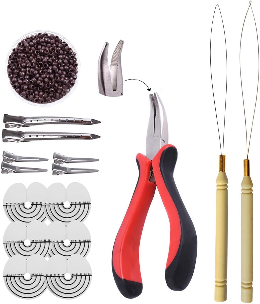 haarverlenging gereedschap Kit: I-tip haartang, haarverlenging threader,500 stuks 2.5mm nano ringen beads (bruin)