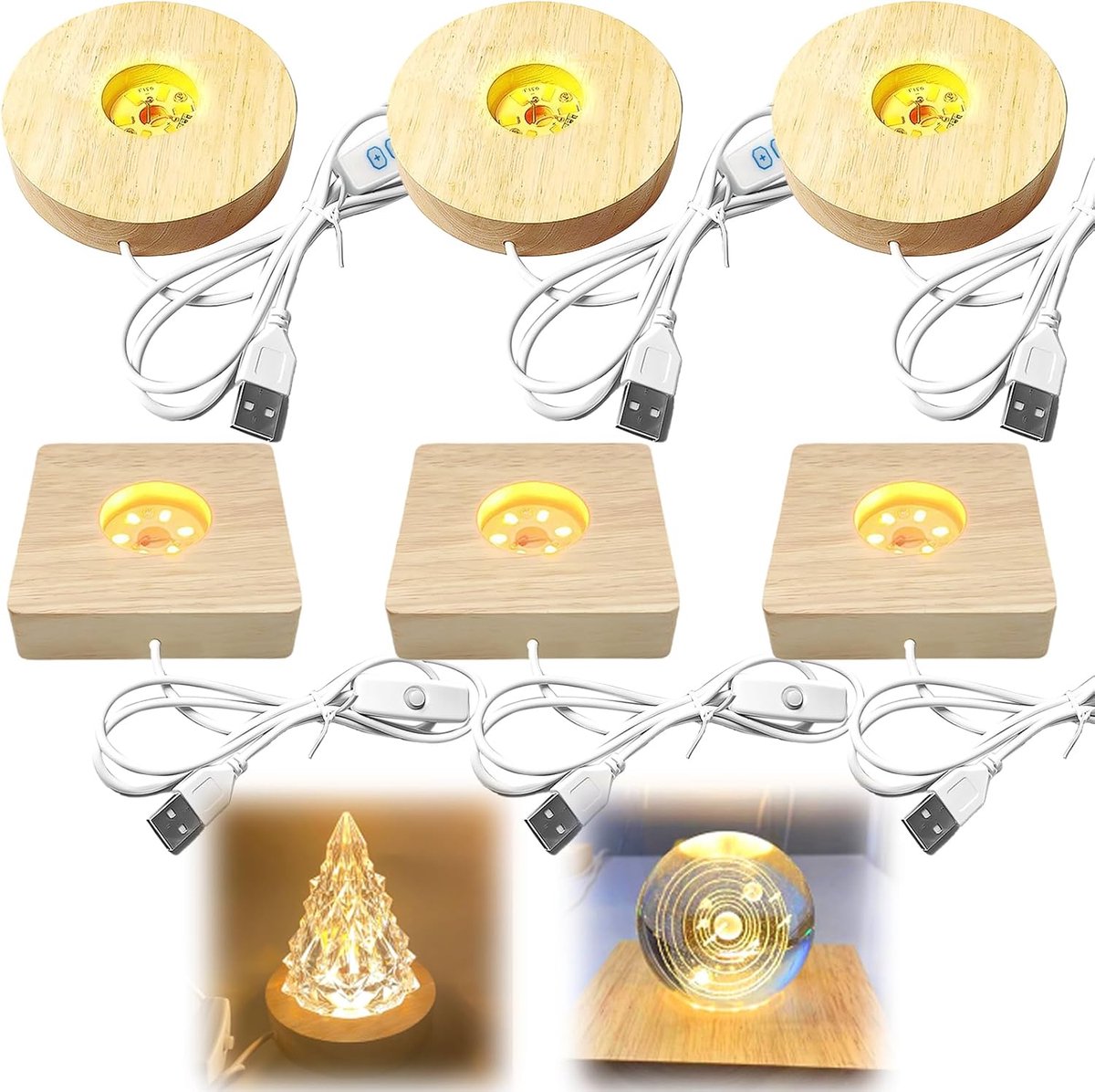 6 stuks houten sokkels, 3 ronde + 3 rechthoekige houten verlichting, instelbare houten led-lichtsokkel, 3 kleuren, houten verlichting, standaard, USB led-verlichting, sokkel voor kristallen ballen,