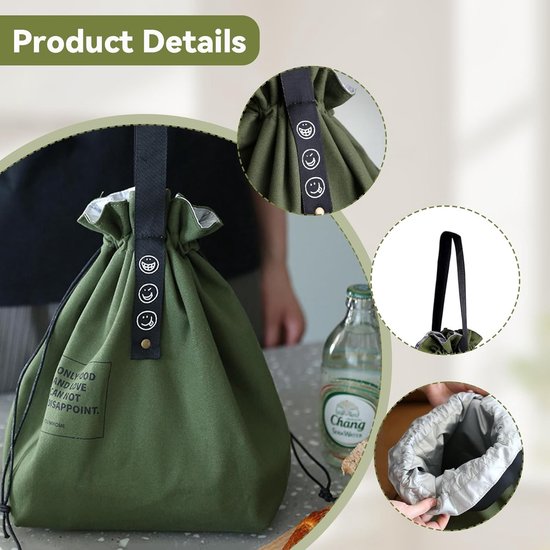 lunchtas - lunchtas kinderen - lunchbag lunchzakje herbruikbaar - Geïsoleerde canvas lunchtas met trekkoord - brede opening - opvouwbaar - lichtgewicht - koeltas - voor school, werk, kantoor, picknick - groen van Puzzels. — afbeelding 3