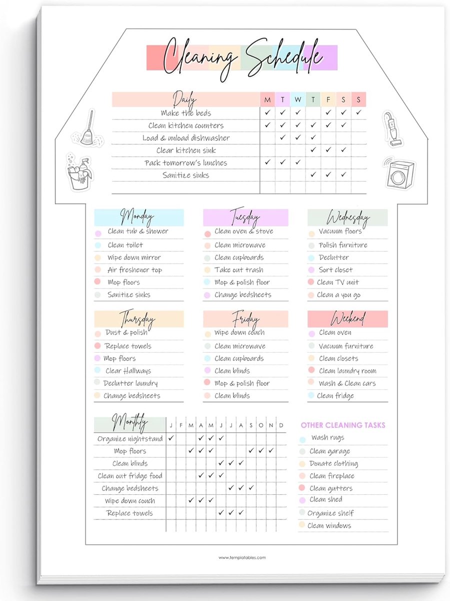 SnelShoppen - Weekly Cleaning Planner Notepad - Dagelijkse, Wekelijkse & Maandelijkse Schoonmaakplanning & Checklist Bureau Pad, Huishoudelijke Taak T