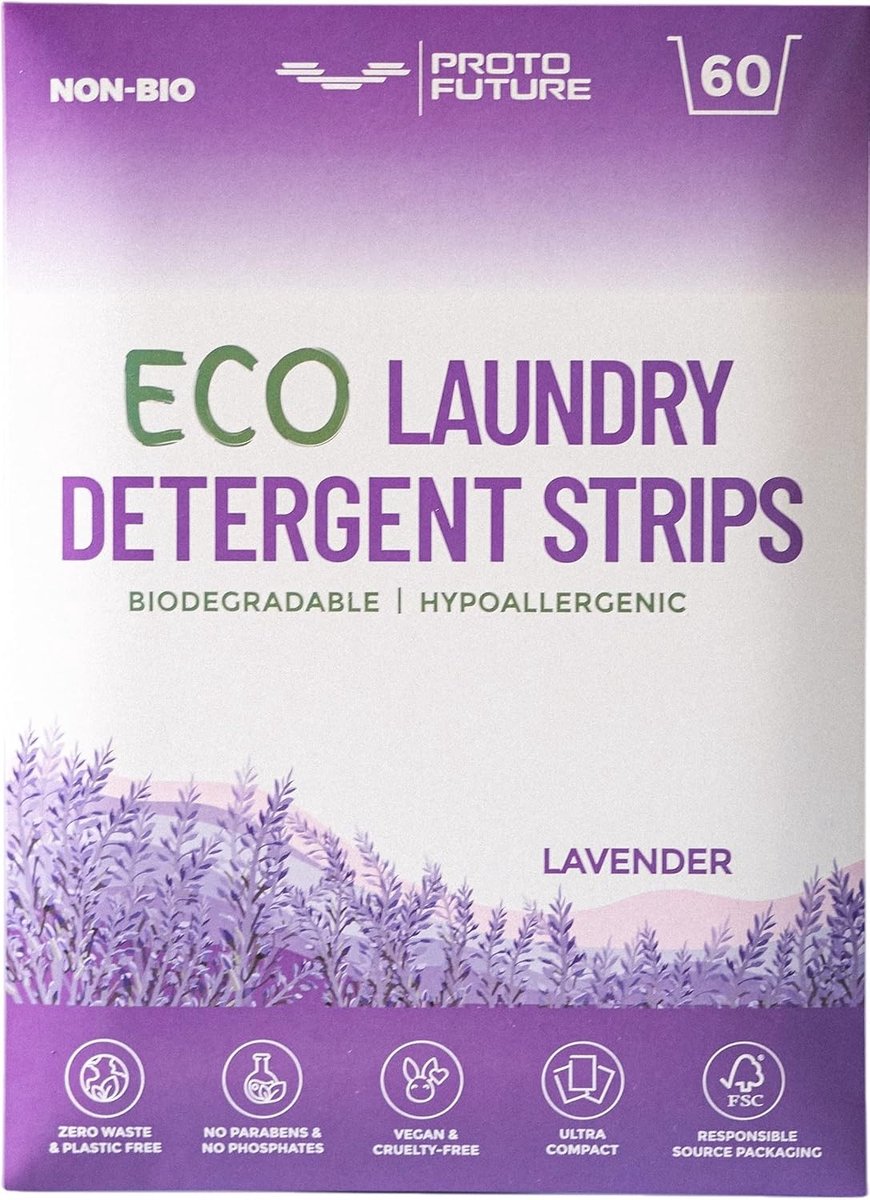 Wasmiddel Strips 60 Wasbeurten - Lavendel - Biologisch Afbreekbaar - Plasticvrij, Hypo-allergene Formule - ShopVlot