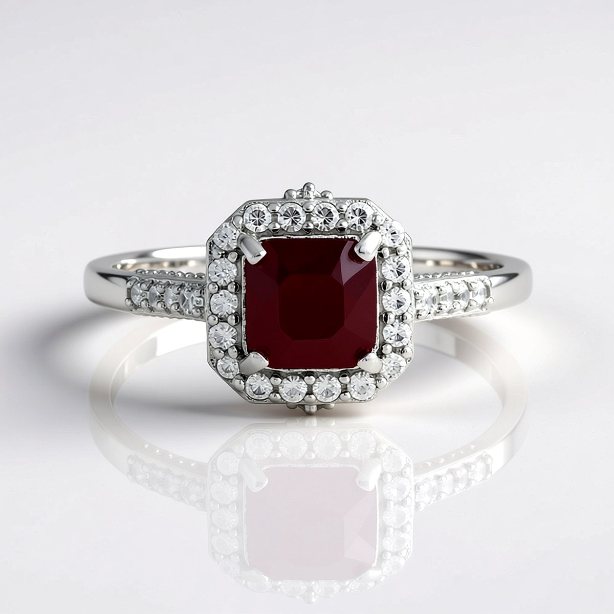 Cavill - Ring 925 Sterling Zilver Geplatineerd - 1,411 ct Robijn Madagaskar - Achthoekig Elegant ontwerp met Halo Zirkonia - Luxe Sieraad