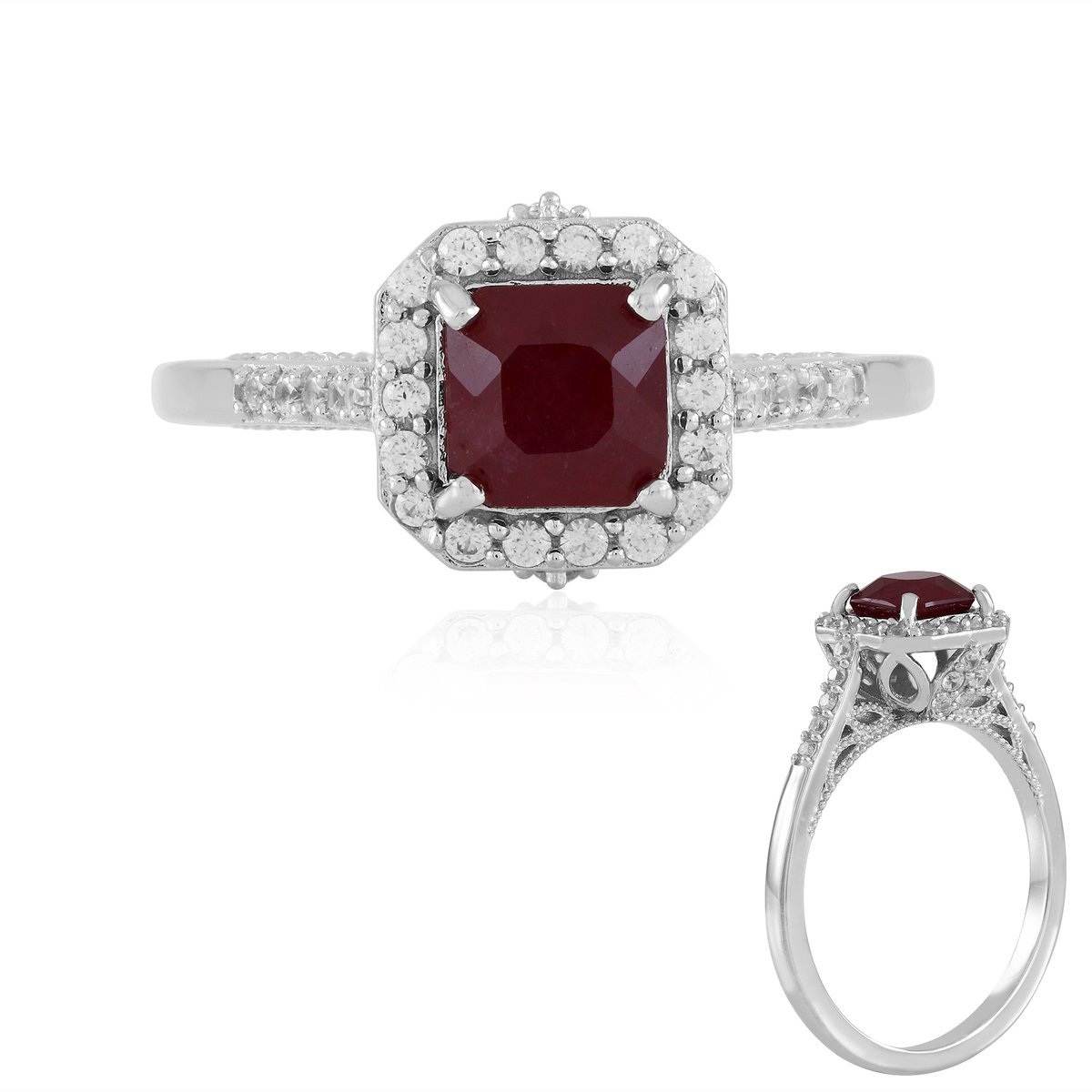 Cavill - Ring 925 Sterling Zilver Geplatineerd - 1,411 ct Robijn Madagaskar - Achthoekig Elegant ontwerp met Halo Zirkonia - Luxe Sieraad