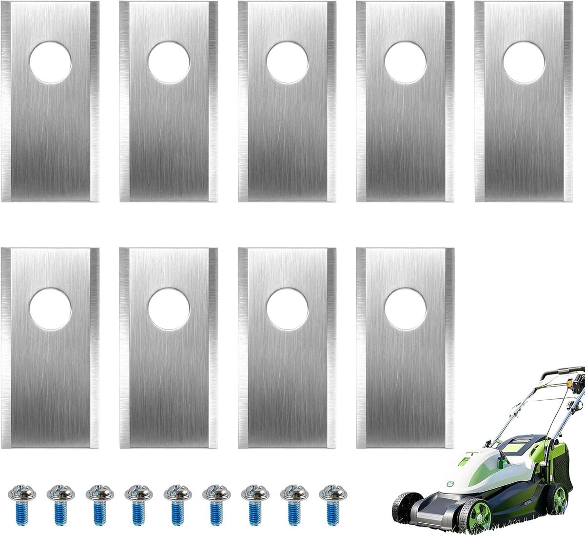 SnelShoppen - 9 Stuks Compatibele Messen voor Robotmaaier - Roestvrij Staal 36,2 x 18 mm met Centraal Gat 7 mm - Inclusief Opbergdoos en Schroeven voo
