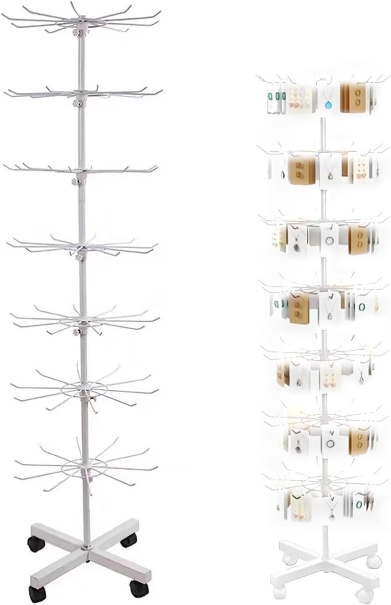SnelShoppen - Draaiende Verkoopstand 7 Laags Ø40cm H-160cm Display Stand met Haken, Rotating Stand voor Sieraden, Kettingen, Sjaals, Sokken, Postkaart