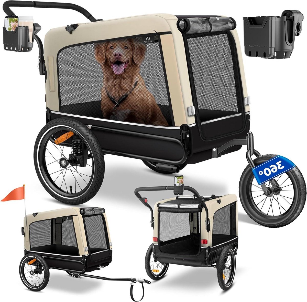Hondenaanhanger - Hondenbuggy Jogger - Veilig Vervoer Hond - 3-in-1 Functionaliteit - 240 Liter - Beige