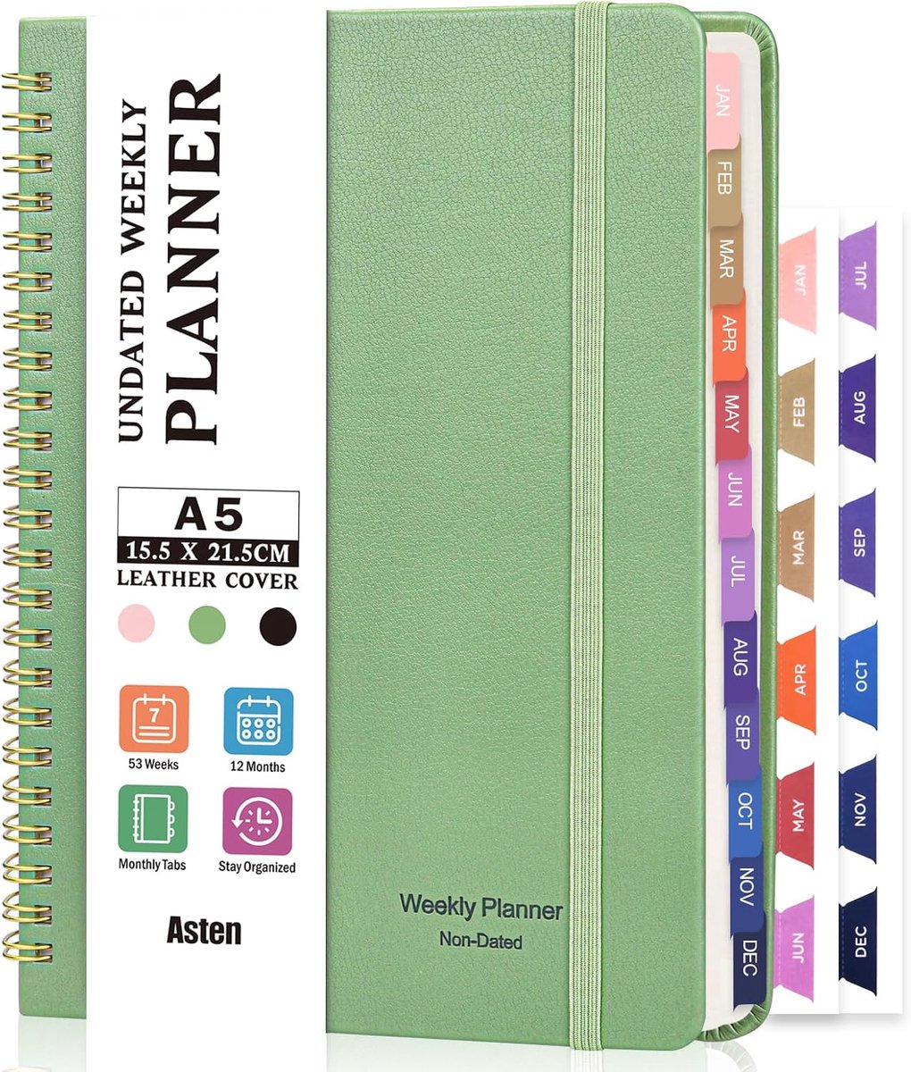 SnelShoppen - Weekly Planner A5, Ongeorganiseerd Planner, Notitieboek van Leer, To-Do Lijst, 53 Wekelijkse Planners, 24 Maandelijkse Zelfklevende Tabs