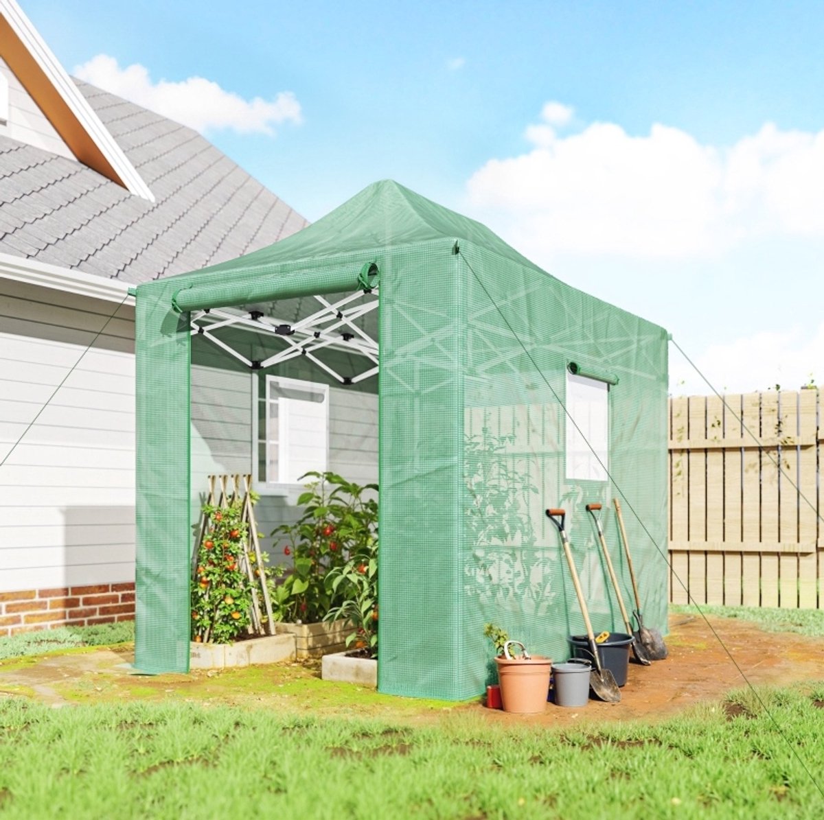COVREO Pop-up foliekas 295 x 200 x 270 cm groen, PE met rolluiken en ramen
