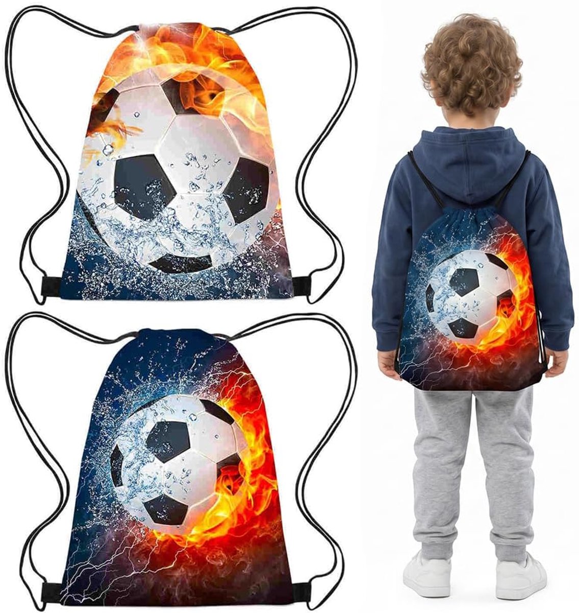 SnelShoppen - Voetbal Schoudertas Trekkoordtas Voetbalprint Rugzak voor Kinderen en Volwassenen Sporten Zwemmen Gym Reizen 2 Stijlen 2 Stuks